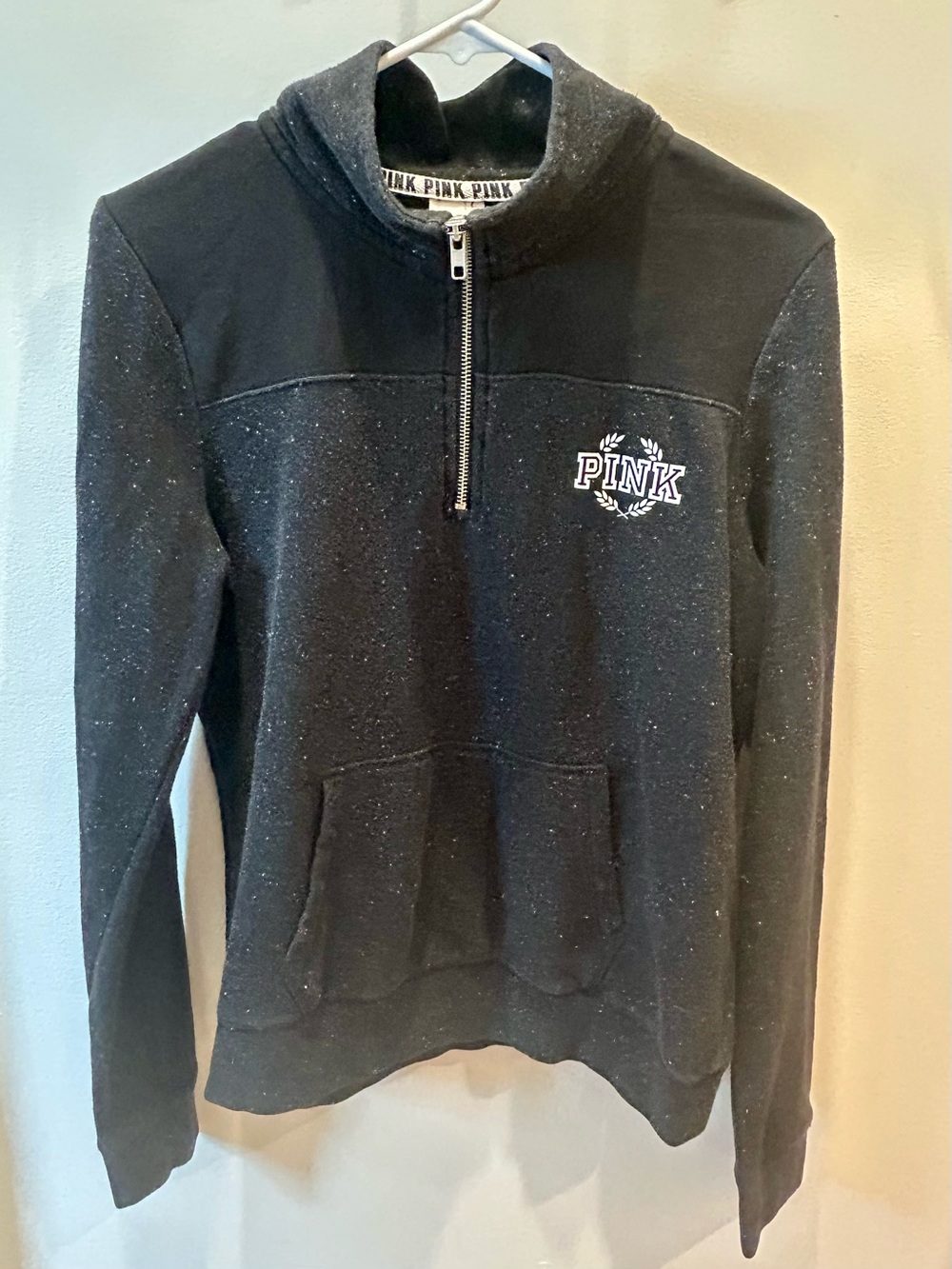 PINK Victoria's Secret Black Flecked 1/4 Zip Sweatshirt Size M Mock Neck Pullove